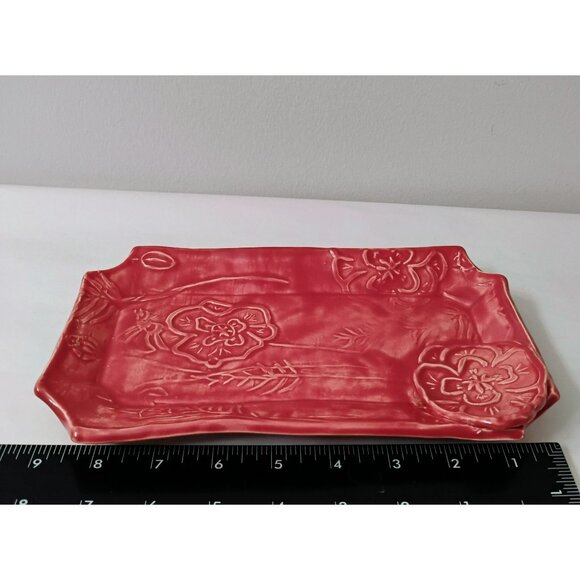 Red Art Pottery Trinket Dish, Signed MS, Floral Embossed Ceramic Vanity Tray 9" - Picture 6 of 10